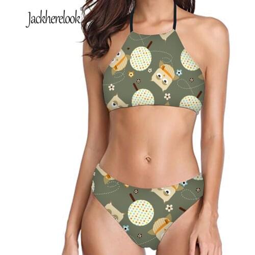 Jackherelook Owl Animal Pattern Ladies Cross Bandage Swimwear Padded Swimwear Bikini Sets Separate Womens Maillot De Bain femme