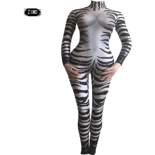 Sexy Zebra Printed Stretch Jumpsuit Rhinestones Stage Wear Bodysuit Female Singer Show Outfit man Bar Nightclub Cosplay Costume