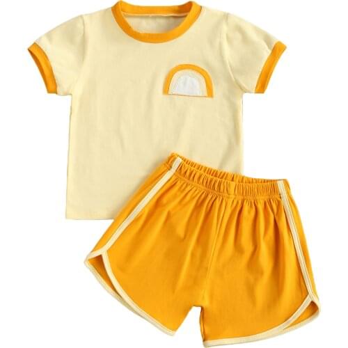 1-5Years 2 Pieces Kids Suit Set Unisex Round Collar Short Sleeve Pullover+ High Waist Shorts for Summer