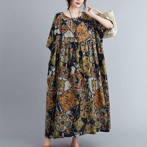 Short Sleeve Summer Dress Cotton Linen Women Dress Plus Size 5XL 6XL 100kg wear Loose Dress Print Female Long Maxi Casual Dress