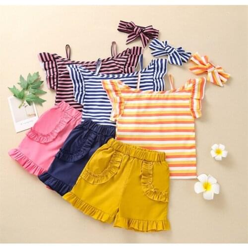 Summer Baby Clothes Set for Toddlers and Girls Striped Printed Top + Ruffle Shorts and Headband Set Newborn Clothes 3-piece Set