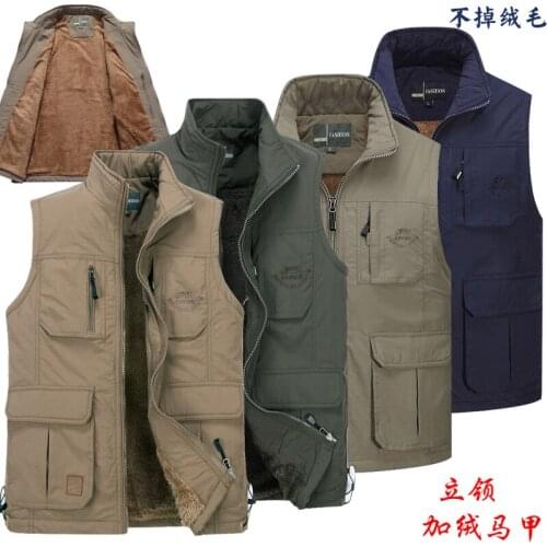 Autumn Winter Jackets Mens Outdoor Camping Trekking Sleeveless Vest Winter Fur Multi-pockets Warm Coat Waistcoat hombre