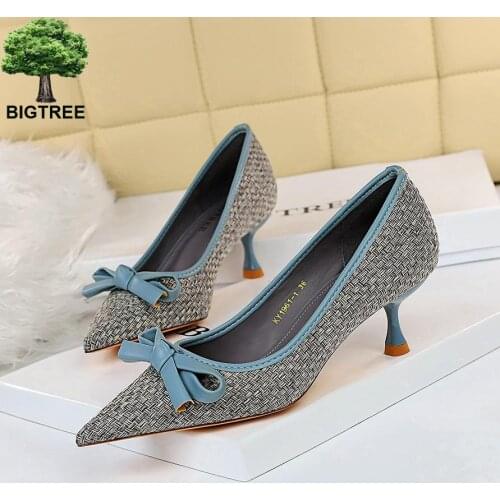 BIGTREE NEW Mixed Color Pumps Women High Heels Shoes Butterfly-knot Pointed Toe Slides Shallow Heel Shoes Fashion Zapatos Mujer
