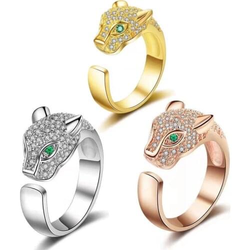 Fashion Unisex Full Crystal Inlaid Leopard Panther Head Green Eyes Micro-inlaid Zircon Opening Ring Party Jewelry Bijoux Gift