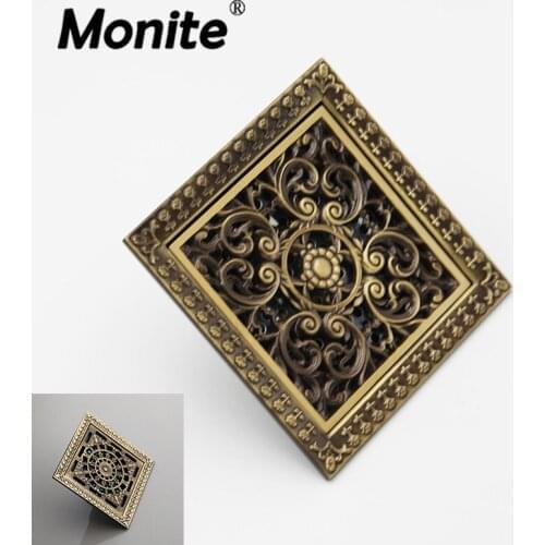 Monite Antique Brass Floor Drain Bathroom Floor Register Waste Water Drain Chinese Style Geometry Art Floor Drain