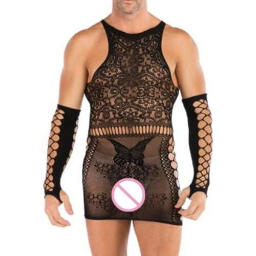 Men Sexy Lingerie Exotic Sleepwear Bodysuit Hot Sexy Costumes Net Nightdress Porno Nightgown Male Underwear + glove Dropshipping