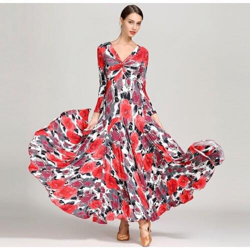 Lady Ballroom Dancing Dress Print Flower Dance Wear Modern Suit National Standard Dance Dress Waltz Dancing Costumes D0831