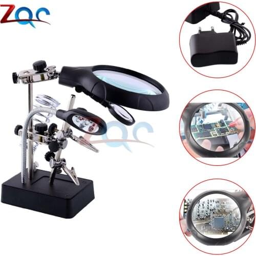 MG16129-C Soldering Tool Magnifier 5 LED Dual Clamp Solder Iron Stand Holder Welding Station EU Plug Adapter AC 110-240V 50/60Hz