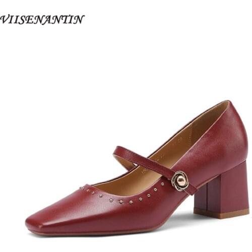 Studded fashion one-line buckle with square toe shallow mouth vintage Mary Jane high heels