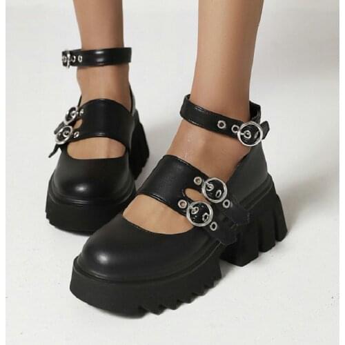 Sianie Tianie Punk Goth Multi-buckled Platform Heels Anti-skid Sole Wide Buckle Strap Street Womens Shoes Mary Janes Pumps