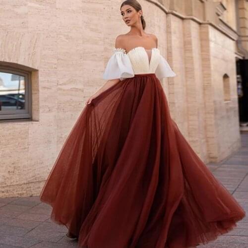 Modern Classic 2021 Brown Prom Party Dresses Full Length Tulle Strapless with Removable Sleeves Wedding Guest Gowns Corset Back