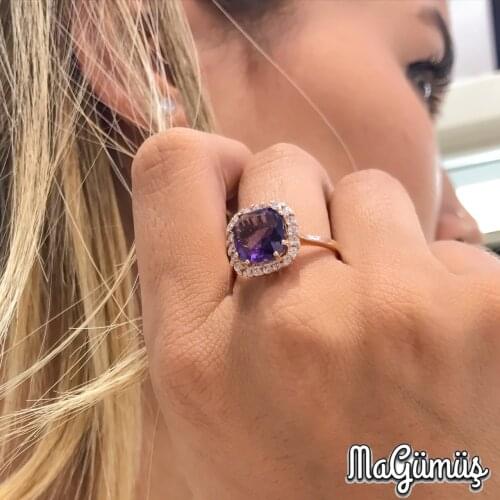 Baguette Cut Amethyst Gemstone Gold Montür Stylish Silver Ring