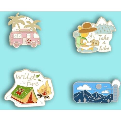 Creative cartoon outdoor travel badge tent camping trekking adventure fun alloy brooch fashion lapel backpack jewelry gift