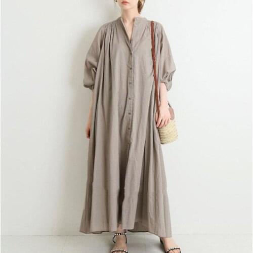 Vintage Women Solid Long Dress Casual Loose High Waist A-line Female Maxi Dress Buttons Down Oversized Sundress Robe Vestidos