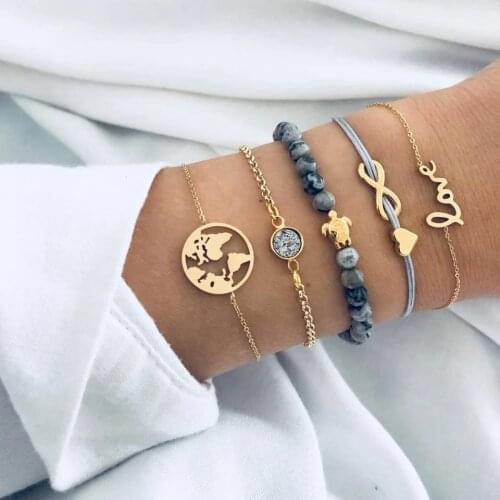 Meyfflin Bohemian Heart Map Charm Bracelets Set For Women 2020 New Crystal Stone Beads Bracelet Gold Color Men Jewelry Christmas