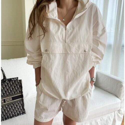 Summer Tracksuit Women 2021 Short Pants 2 Pieces Set Women Suit Long Sleeve Hoodies Solid Elastic Waist Shorts Casual Sweatsuit