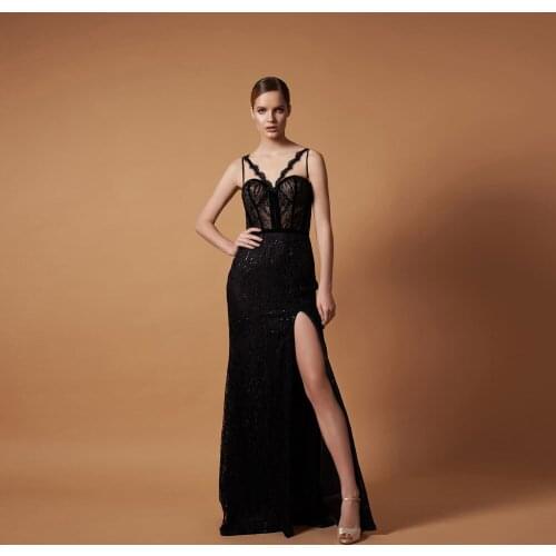 Elegant Black Mermaid Sleeveless Evening Dress 2021 Sexy Spaghetti Starps Side Slit Floor Length Party Prom Gowns