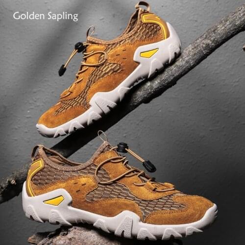 Golden Sapling Outdoor Trekking Shoes Breathable Leather Mesh Mens Loafers Fashion Summer Casual Walking Flats Men Driving Shoe