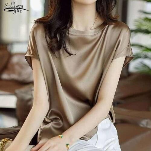 2021 Summer Vintage Womens Satin T-Shirt Casual Elegant Loose Silk Blouse Solid O-neck Short Sleeve Tops for Women Blusas 16023