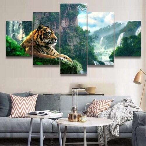 5 Pieces Hd Printing Posters Wall Art Canvas Painting Tiger and Mountain Waterfall Modular Pictures Home Decoration No Frame