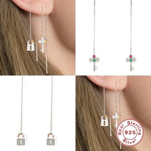 AIDE 925 Sterling Silver Earrings For Women Key & Lock Chian Earrings Dangle Ear Piercing Pendientes Mom Gift 2021 Trend Vintage