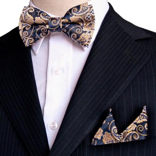 Paisley Floral Navy Blue Yellow Khaki Gold Tuxedo Pre-tied Mens Bow Tie Pocket Square 100% Silk Set Adjustable Wholesale Party