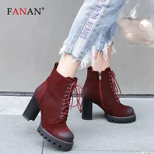 FANAN Woman Lace Up Autumn Boots Red Cow Suede Ankle Boots Fashion Sewing Round Toe Womens Ladies Block Heels Platform Shoes