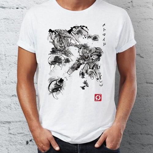Summer Mens T-shirt Featuring Samus From Metroid Ink Wash Painting Gaming Tshirt Anime Cool Tees Tops Harajuku Streetwear