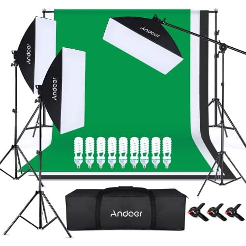 Andoer Photography Kit 1.8*2.8M Black White Green Polyester Cotton Backdrop 3pcs Fish-like Mount Clip Softbox for Photo Studio