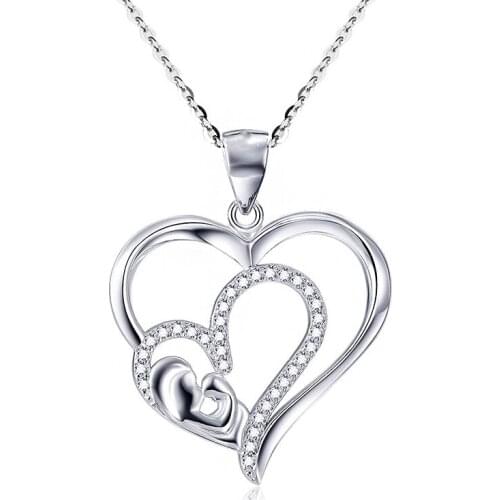 Wholesale 12pcs Double Hollow Heart Mon & Baby Pendant Necklaces Shiny Zirconia Female Necklaces Gifts for Mother Women