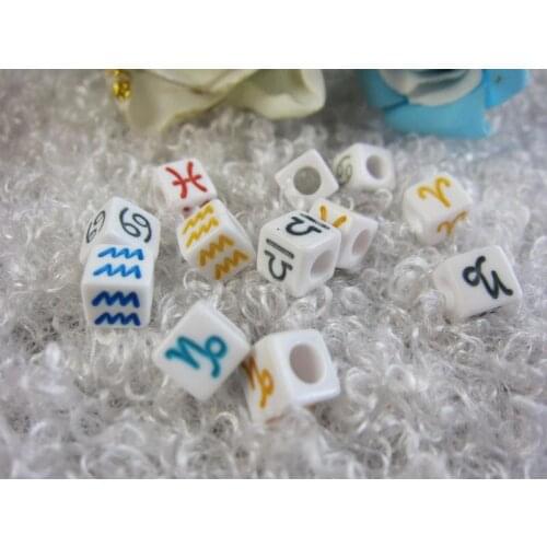 Wholesale 7mm Zodiac Cubic Acrylic Loose Spacer Beads Big Hole for Loom Bracelet DIY Handmade Jewelry Accessories 300pcs LB-20