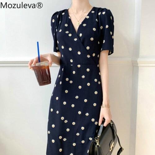 Mozuleva Summer V-neck Short Sleeve Women Dress Chic Print Daisy Lace Up Female A-line Dress 2020 Spring Midi Vestidos femme