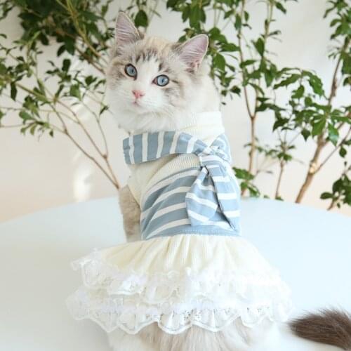 Striped Dog Couple Outfit with Scarf Sunmmer Soft Cute Cat Shirt Lace Dog Dress Pet Clothes for Small Medium Dog Girl Boy