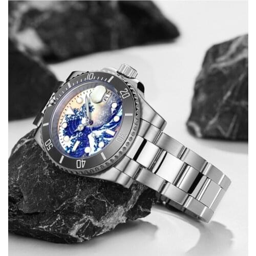 Luxury Automatic Mechanical Watch Kanagawa Surf Luminous Stainless Steel Mens Watch