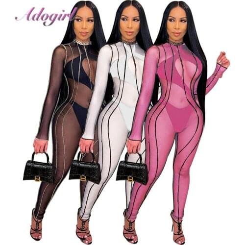 Sexy Stripes Sheer Mesh See Through Night Party Club Jumpsuit Women With Underwear Long Sleeve One Piece Outfit Romper Overall
