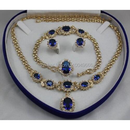 Hot sale FREE SHIP>>>Bridal jewelry blue zircon STONE -plated Necklace Earring Ring8 Bracelet
