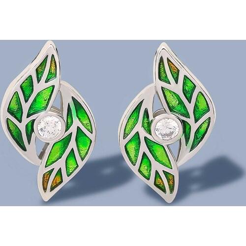 925 Sterling Silver Earrings For Women Genuine Green Bamboo leaves Shiny White CZ Zircon Fine Jewelry Handmade Enamel