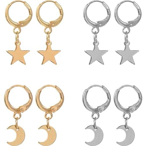 1Pair Moon Star Womens Earrings Asymmetric Round Hoop Dangle Earrings Gold Sliver Color Crescent Charm Jewelry Accessories
