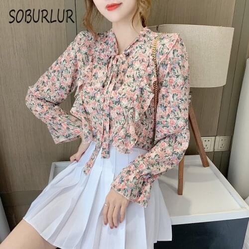 SOBURLUR Long Sleeve T shirt Crop Top Woman Clothing Womens T-shirts Solid color BF Korean Style Oversize Lace Up Bow Casual