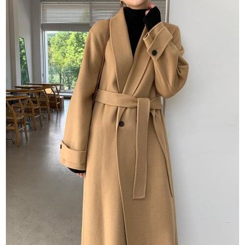 Wavsiyier Loose Warm Elegant Long Woolen Coat Women Solid Thicken Ladies Notched Collar Winter Jacket Lace-Up 2020 Blend Coats