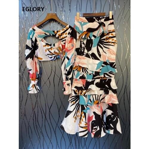 Crop Sets 2021 Spring Summer Sexy Women Long Skirt Suit Ladies Hollow Out Long Sleeve Crop Tops+Floral Print Long Skirt Sets 2pc