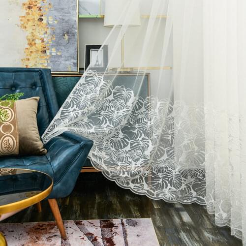 White Sheer Curtain for Bedroom Living Room Embroidered Moroccan Tile Print Linen Textured Light Filtering Parlor Window Drapes