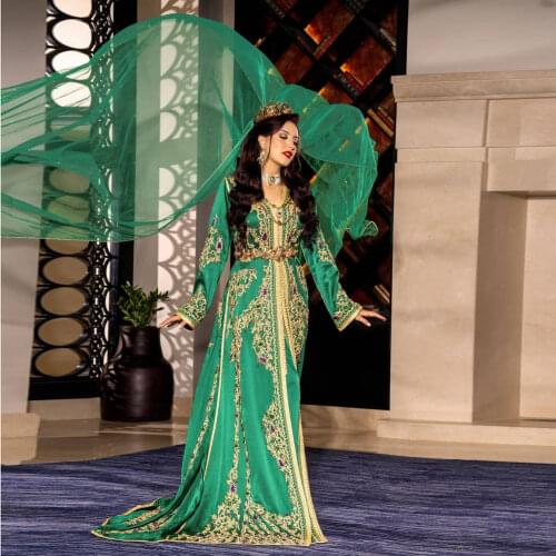 Green Moroccan Caftan Evening Dress A-Line Floor Length Summer Dress With Applique Special Occasion Formal Prom Dress Plus Size
