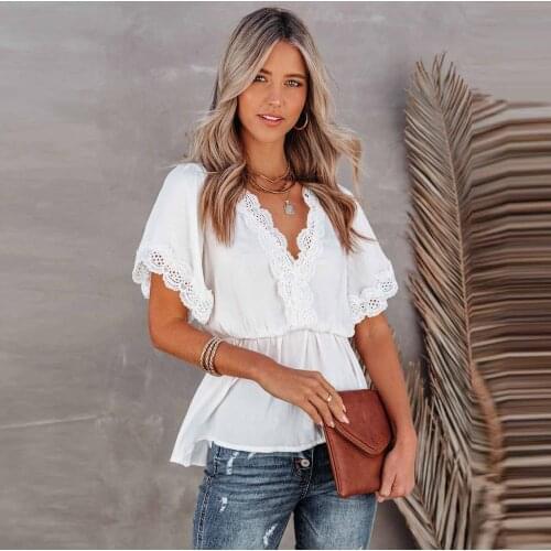 Ruffles Lace Up Women Blouse Kimonos Summer 2021 Casual Solid Leaky Back Frenulum V-Neck Top Short Sleeve Shirt Blusas Femininas