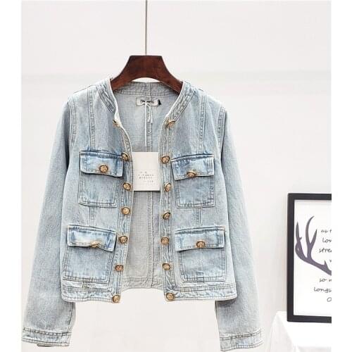 2021 Autumn Fashion Design Button Denim Jacket Women Slim Long Sleeve Jeans Jacket Women Vintage Wash Short Denim Coat Outerwear