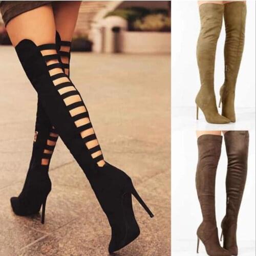 Women Sexy Black Hollow Out Over The Knee Boots Female Pointed Toe Party Boots Long Boots Womens Autumn Shoes Woman Thin Heels