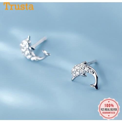 Trustdavis Real 925 Sterling Silver Cute Symmetrical Dolphins CZ Charm Stud Earrings For Women Wedding Party Fine Jewelry DA1398