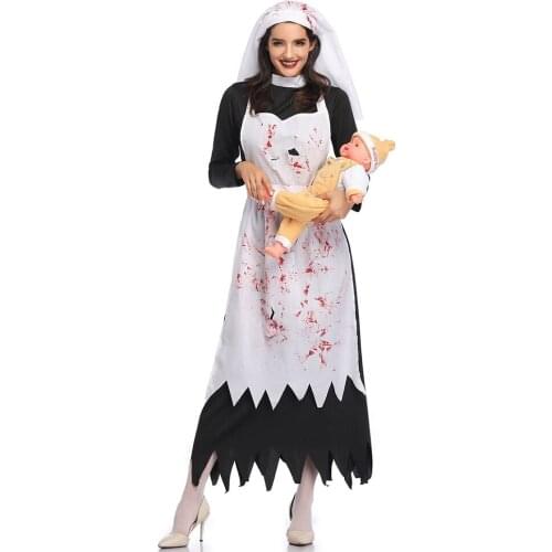 Womens Nun Dress Halloween Costume Kit include Dress Headwear with Bloodstain