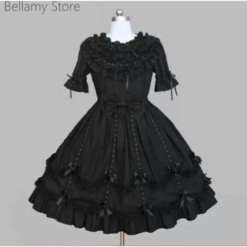 Womens Black Retro Lolita Gothic bow decor with wooden ear edge foam sleeve short sleeve large swing dress