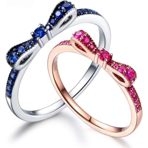 Genuine 925 Sterling Silver Rings Bow-knot for Women Exquisite Spinel Stackable Lovers Ring Wedding Birthday Gift Fine Jewelry
